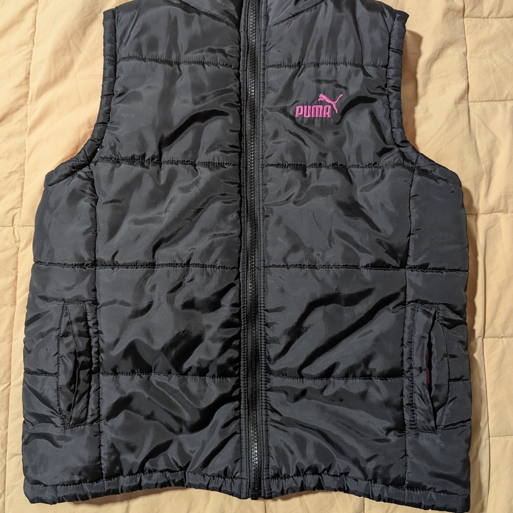 Puma Black Girls XL Puffer Vest with Pink Logo